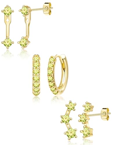 Poxtex Gold Olive Green Earrings Set for Women, August Birthstone Trendy Jewelry Gifts, Dainty Huggie Hoop Jacket Studs Earring Stack for Multiple Piercing - Image 1