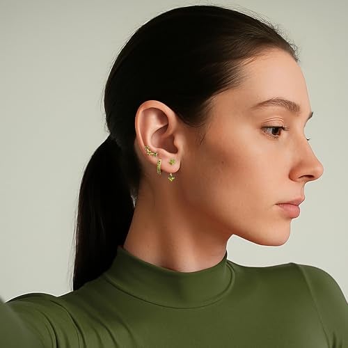 Poxtex Gold Olive Green Earrings Set for Women, August Birthstone Trendy Jewelry Gifts, Dainty Huggie Hoop Jacket Studs Earring Stack for Multiple Piercing - Image 2