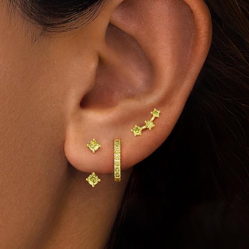 Poxtex Gold Olive Green Earrings Set for Women, August Birthstone Trendy Jewelry Gifts, Dainty Huggie Hoop Jacket Studs Earring Stack for Multiple Piercing - Image 4