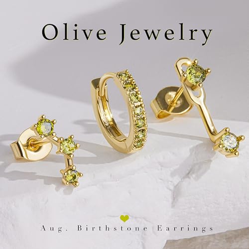 Poxtex Gold Olive Green Earrings Set for Women, August Birthstone Trendy Jewelry Gifts, Dainty Huggie Hoop Jacket Studs Earring Stack for Multiple Piercing - Image 3