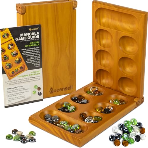 Queensell Mancala Board Game with Magnetic Lock Classic 2Player Folding Game Wooden Mancala Set with 56 Glass Pebbles Mancala Game for Kids and Adults - Image 1