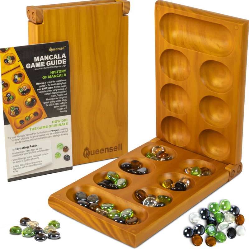 Queensell Mancala Board Game with Magnetic Lock Classic 2Player Folding Game Wooden Mancala Set with 56 Glass Pebbles Mancala Game for Kids and Adults - Image 3