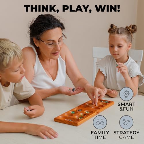 Queensell Mancala Board Game with Magnetic Lock Classic 2Player Folding Game Wooden Mancala Set with 56 Glass Pebbles Mancala Game for Kids and Adults - Image 5