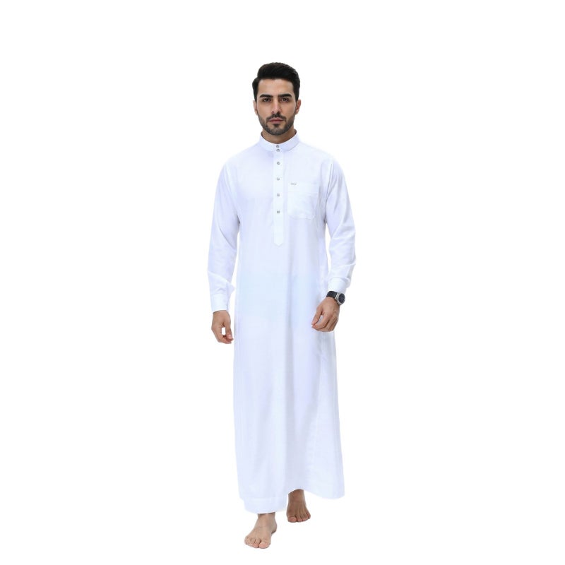 ثوب رجالي جديد بلون أبيض نقي بياقة قائمة وأزرار أمامية وأكمام طويلة، معطف أساسي للارتداء الخارجي - Image 1
