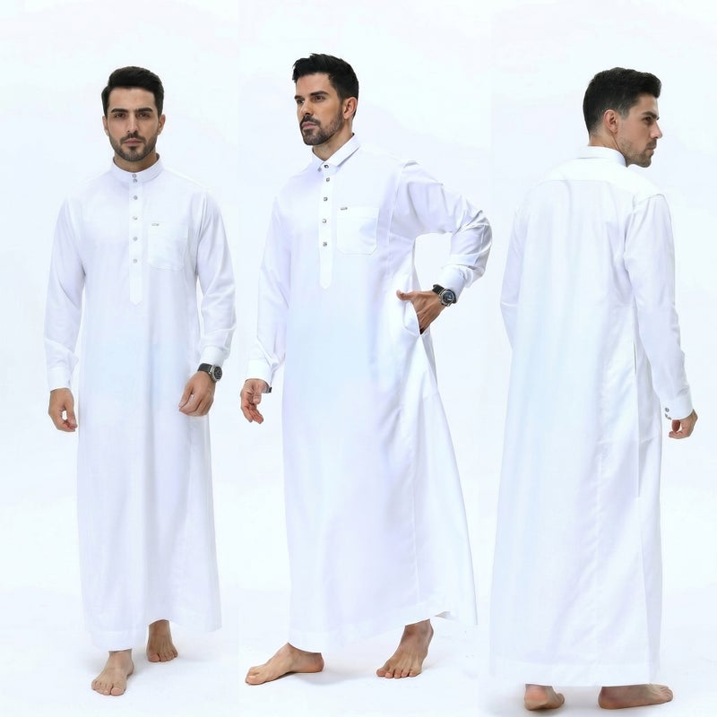 ثوب رجالي جديد بلون أبيض نقي بياقة قائمة وأزرار أمامية وأكمام طويلة، معطف أساسي للارتداء الخارجي - Image 2