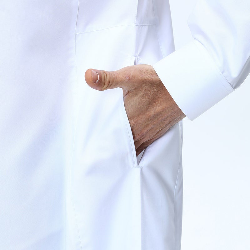 ثوب رجالي جديد بلون أبيض نقي بياقة قائمة وأزرار أمامية وأكمام طويلة، معطف أساسي للارتداء الخارجي - Image 4