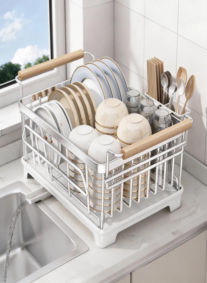 RUNMI Dish Drying Rack for Kitchen Counter, Stainless Steel Dish Rack with Drainboard, Wooden Handles, Large Capacity Countertop Dish Rack for Plates, Bowls, Cups & Utensils - Image 1