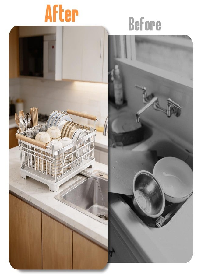 RUNMI Dish Drying Rack for Kitchen Counter, Stainless Steel Dish Rack with Drainboard, Wooden Handles, Large Capacity Countertop Dish Rack for Plates, Bowls, Cups & Utensils - Image 3