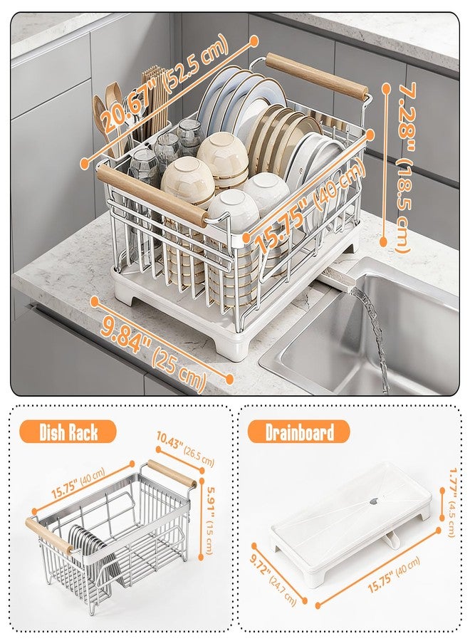 RUNMI Dish Drying Rack for Kitchen Counter, Stainless Steel Dish Rack with Drainboard, Wooden Handles, Large Capacity Countertop Dish Rack for Plates, Bowls, Cups & Utensils - Image 2