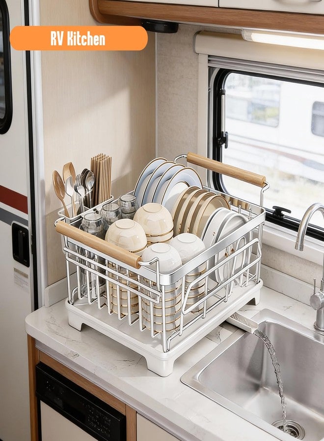 RUNMI Dish Drying Rack for Kitchen Counter, Stainless Steel Dish Rack with Drainboard, Wooden Handles, Large Capacity Countertop Dish Rack for Plates, Bowls, Cups & Utensils - Image 5