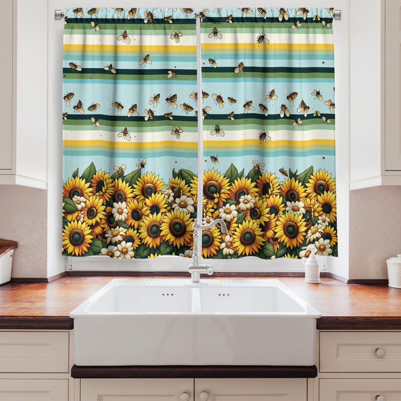 Ambesonne Sunflowers Kitchen Curtains  Dancing Bees with Leafy Summer Floral Garden with Modern Stripes  Window Drapes 2 Panel Set for Kitchen Cafe Decor  55"" x 39""  Mustard Seafoam Green - Image 2