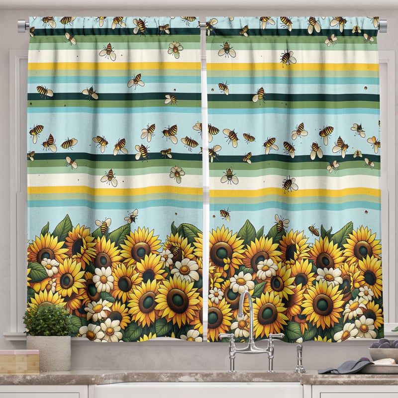 Ambesonne Sunflowers Kitchen Curtains  Dancing Bees with Leafy Summer Floral Garden with Modern Stripes  Window Drapes 2 Panel Set for Kitchen Cafe Decor  55"" x 39""  Mustard Seafoam Green - Image 1