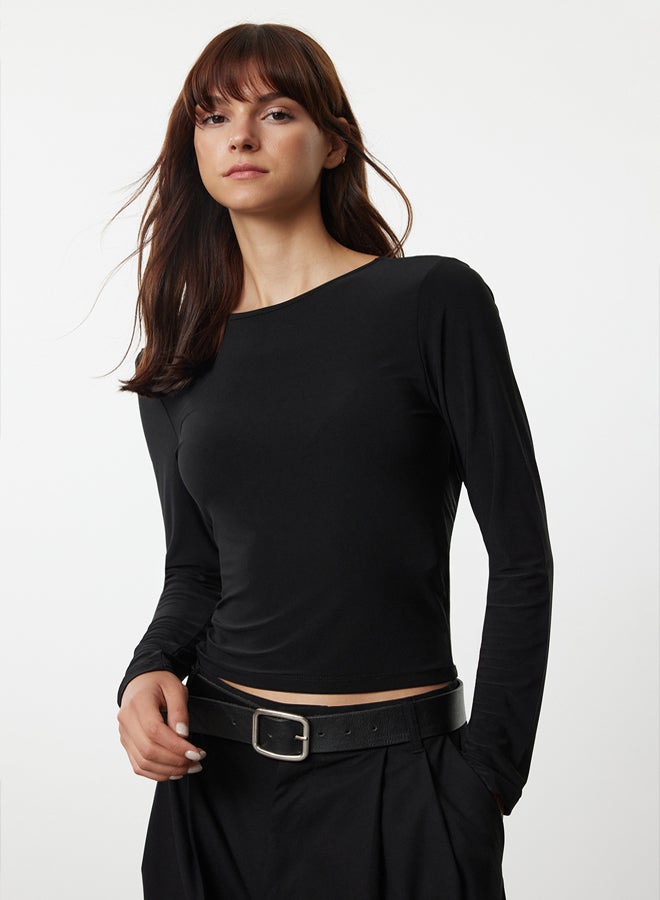 Black Backless Bow Detailed Flexible Regular/Normal Pattern Knitted Blouse TWOAW25BZ00175