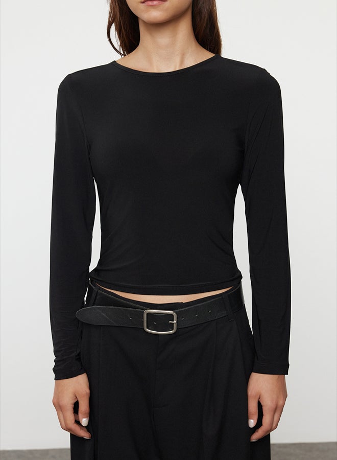 Black Backless Bow Detailed Flexible Regular/Normal Pattern Knitted Blouse TWOAW25BZ00175