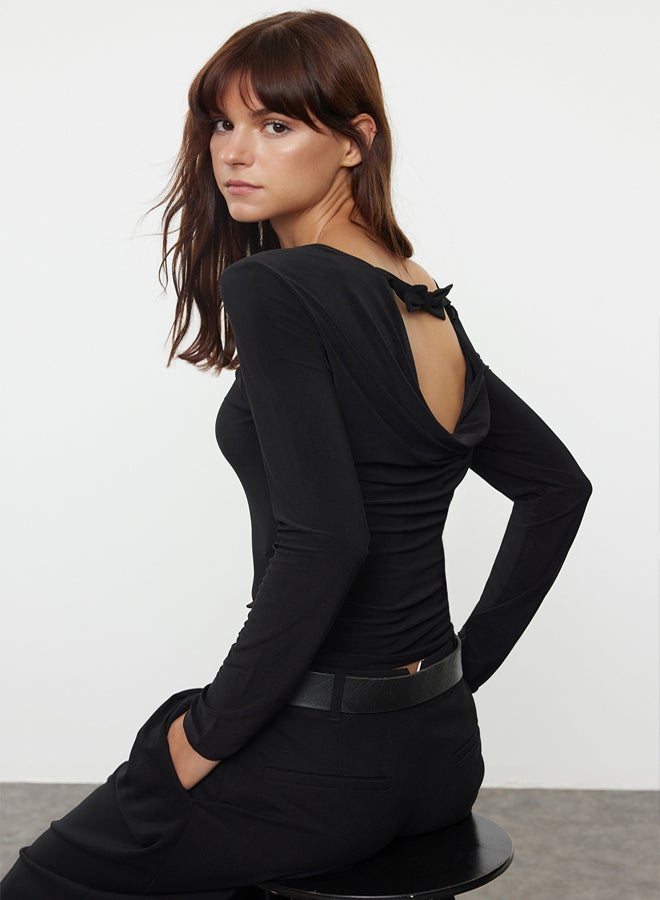Black Backless Bow Detailed Flexible Regular/Normal Pattern Knitted Blouse TWOAW25BZ00175