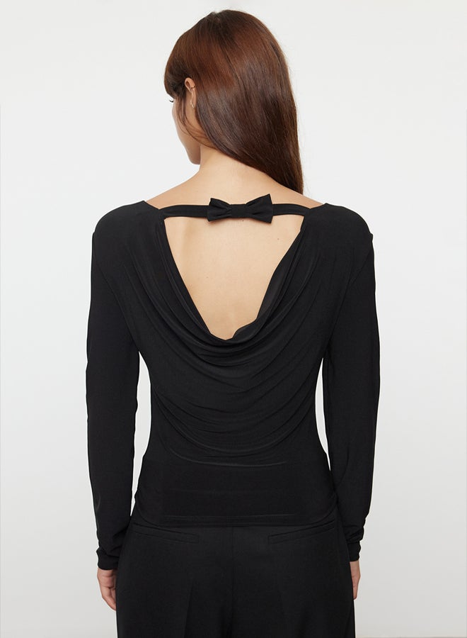 Black Backless Bow Detailed Flexible Regular/Normal Pattern Knitted Blouse TWOAW25BZ00175