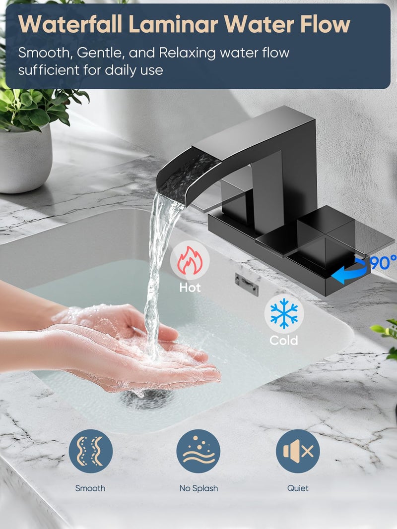 Cobbe Waterfall Bathroom Faucets 3 Hole, Matte Black Bathroom Sink Faucet Square 4 Inch Centerset with Pop-Up Drain, 2 Handle and 2 Supply Hoses, Lead-Free Stainless Steel for Vanity Sink Rv - Image 2