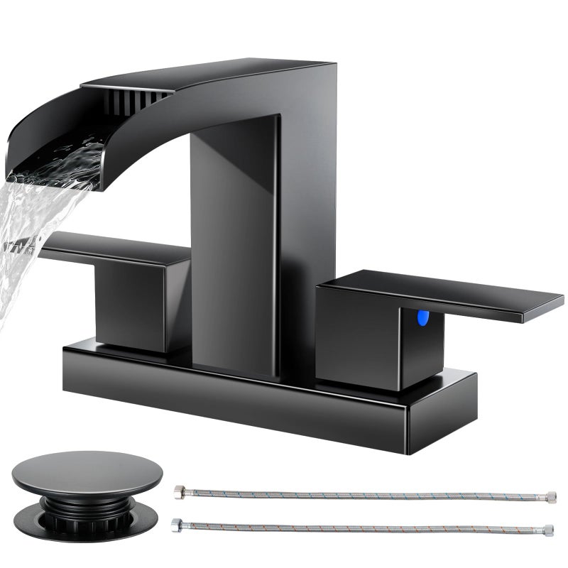 Cobbe Waterfall Bathroom Faucets 3 Hole, Matte Black Bathroom Sink Faucet Square 4 Inch Centerset with Pop-Up Drain, 2 Handle and 2 Supply Hoses, Lead-Free Stainless Steel for Vanity Sink Rv - Image 1