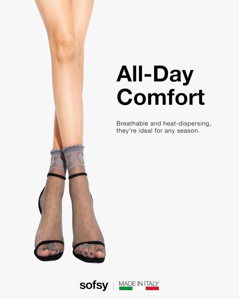 sofsy Italian Dotted Socks Collection (Ankle & Knee High) 20 Den Sheer Patterned Stockings with Ruffled Lace, Geometric Cuffs - Image 4