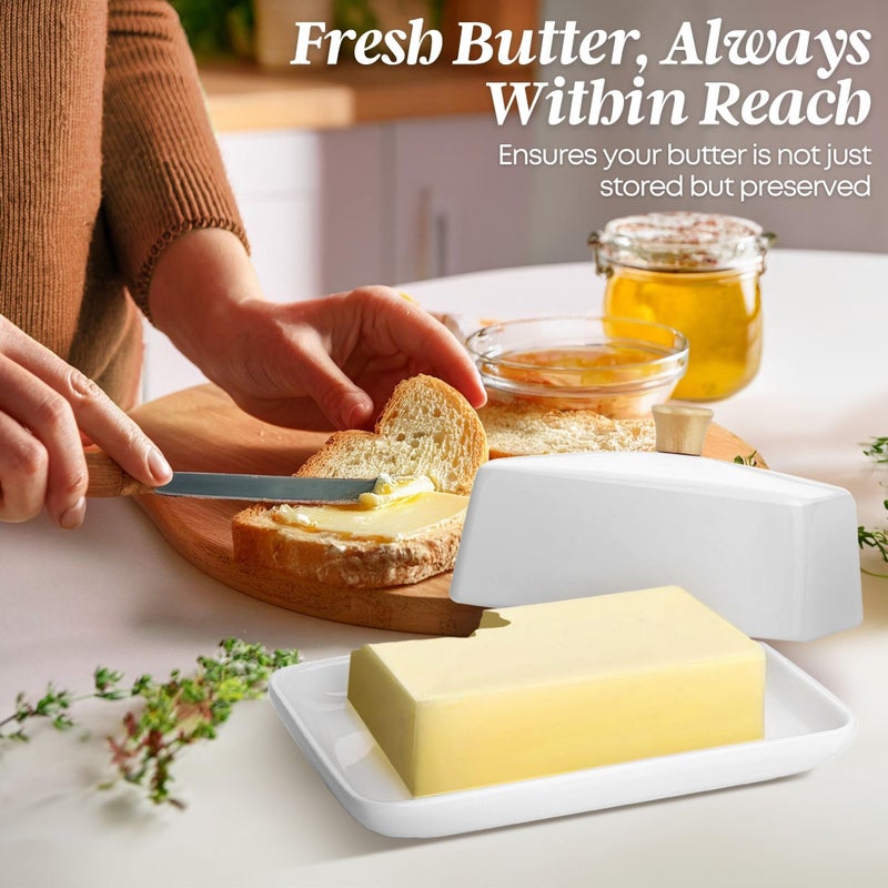 Flexzion Ceramic White European Butter Dish with Lid for Countertop (Large) - Wide 2 Stick Double Butter Holder for Counter, Cream Cheese Container Storage Keeper - Image 2