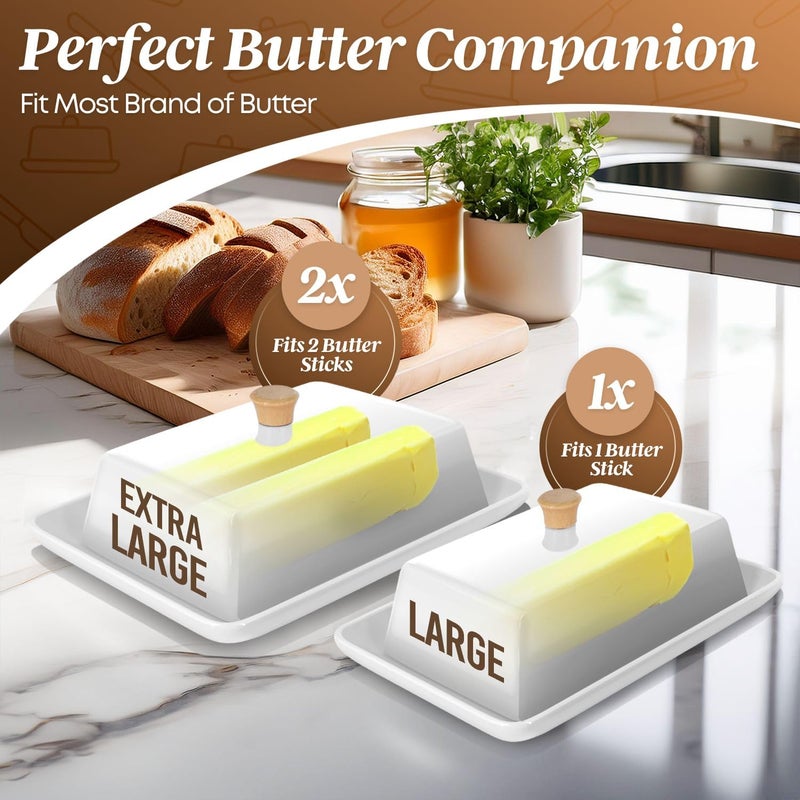 Flexzion Ceramic White European Butter Dish with Lid for Countertop (Large) - Wide 2 Stick Double Butter Holder for Counter, Cream Cheese Container Storage Keeper - Image 3