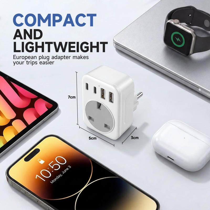 Amoi UK to European Travel Adaptor with 4 USB Ports(1 USB C),UK to EU Plug Adaptor – 40W USB C Fast Travel Adaptor, Grounded Type E/F Schuko Charger for France, Spain, Germany, Italy, Turkey, Poland, - Image 5