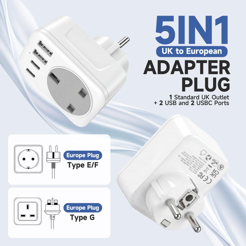 Amoi UK to European Travel Adaptor with 4 USB Ports(1 USB C),UK to EU Plug Adaptor – 40W USB C Fast Travel Adaptor, Grounded Type E/F Schuko Charger for France, Spain, Germany, Italy, Turkey, Poland, - Image 2