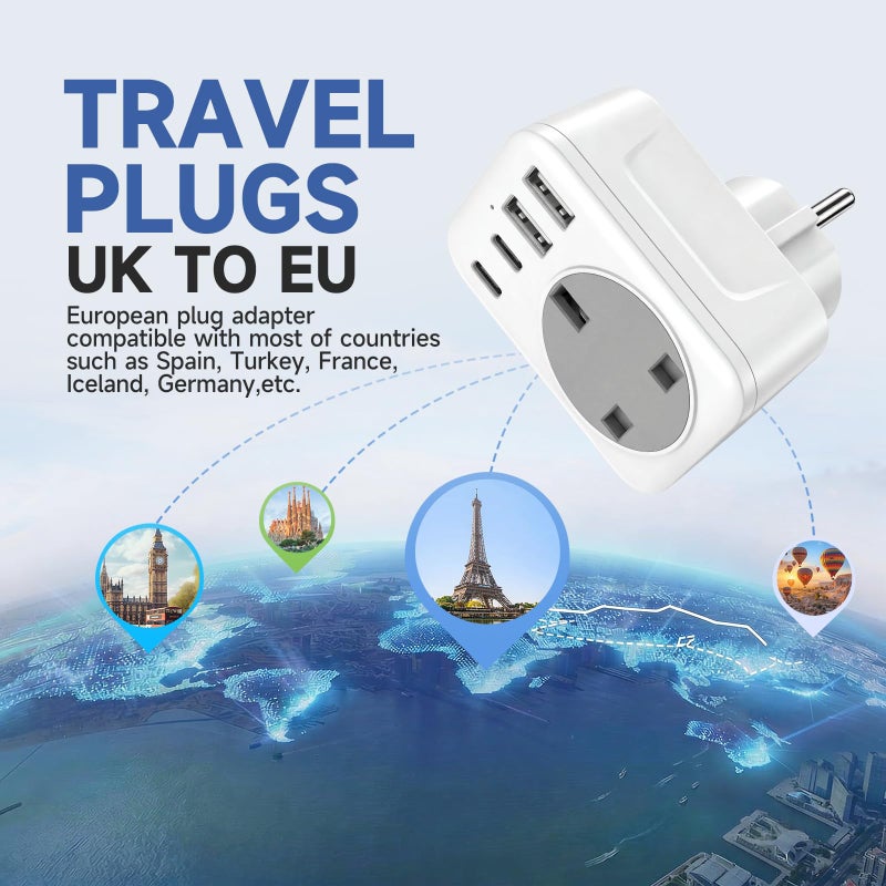 Amoi UK to European Travel Adaptor with 4 USB Ports(1 USB C),UK to EU Plug Adaptor – 40W USB C Fast Travel Adaptor, Grounded Type E/F Schuko Charger for France, Spain, Germany, Italy, Turkey, Poland, - Image 4