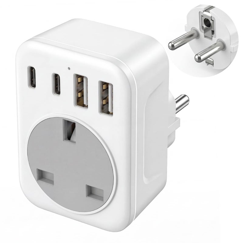 Amoi UK to European Travel Adaptor with 4 USB Ports(1 USB C),UK to EU Plug Adaptor – 40W USB C Fast Travel Adaptor, Grounded Type E/F Schuko Charger for France, Spain, Germany, Italy, Turkey, Poland, - Image 1