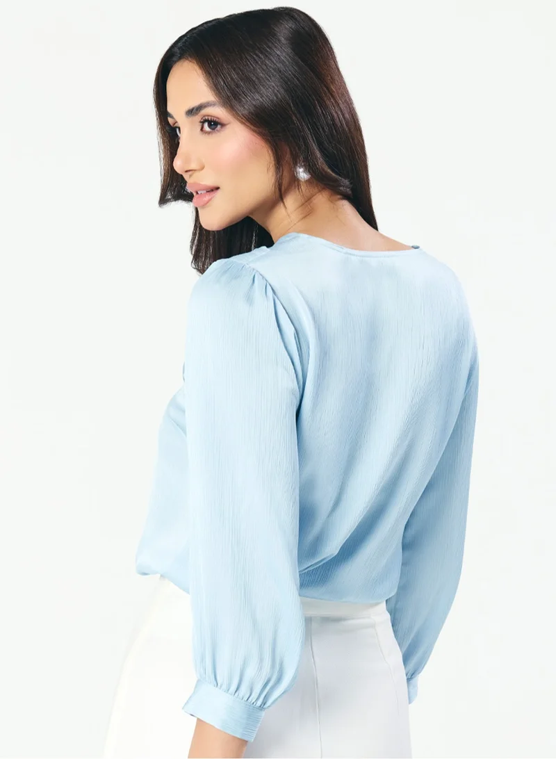 Zigzag Slanted Pleated Crepe Satin Pastel-Blue Top