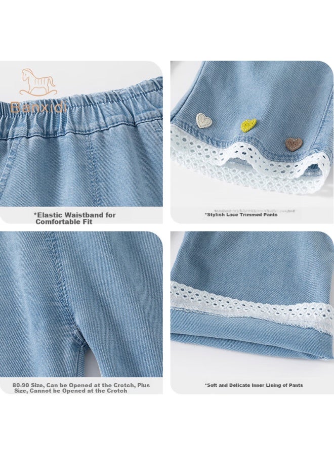 Benhedi Banxidi Girls' Denim Pants Summer Fashion Stylish Children's Flared Pants Loose Baby Girls' Ice Silk Pants Seven-point Children's Pants Summer - Image 3