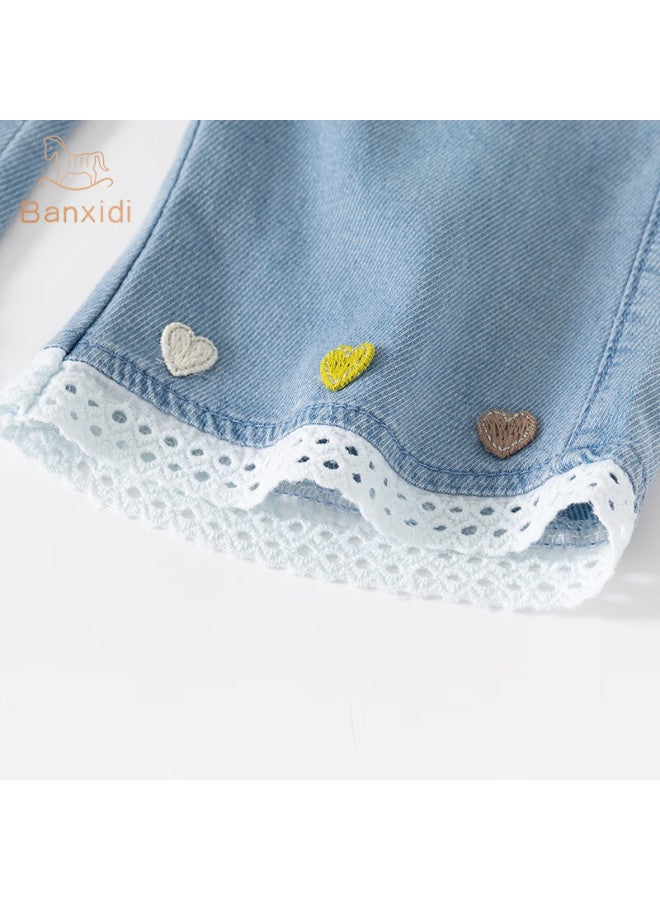 Benhedi Banxidi Girls' Denim Pants Summer Fashion Stylish Children's Flared Pants Loose Baby Girls' Ice Silk Pants Seven-point Children's Pants Summer - Image 1