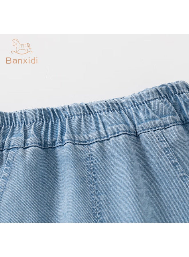 Benhedi Banxidi Girls' Denim Pants Summer Fashion Stylish Children's Flared Pants Loose Baby Girls' Ice Silk Pants Seven-point Children's Pants Summer - Image 2