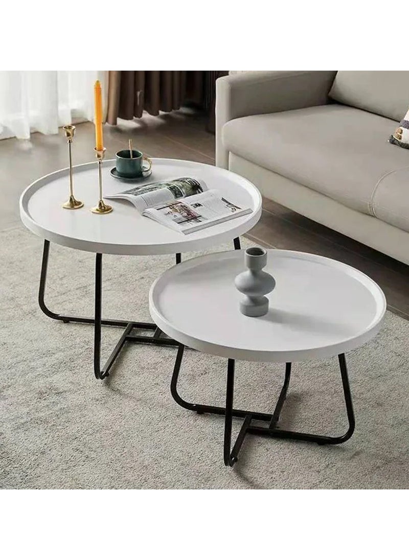 DubaiGallery - Coffee Table Set of 2 Stackable MDF Top Side Table Round Set Table Combination Small Set Table Set Industrial Style Side Table Round for Living Room, Balcony - Image 1