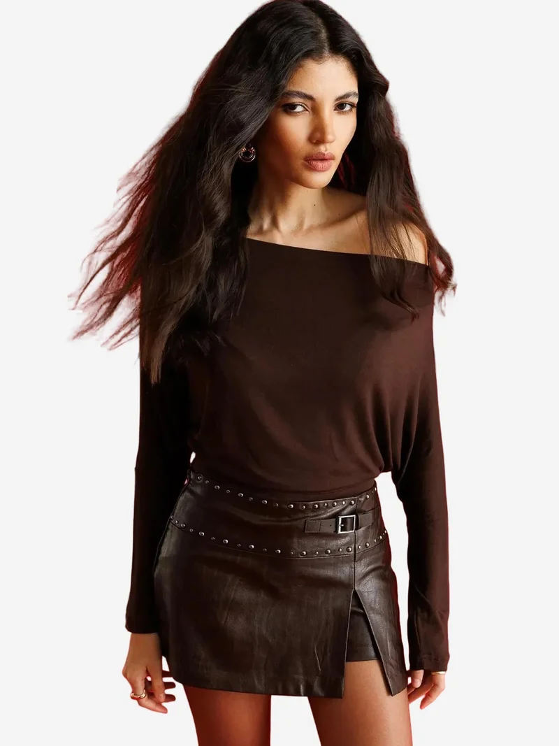 Mixray Coffee Brown MIXRAY Asymmetrical Collar Slim Fit Crop Blouse with Cut Out for Women | Best Price UAE