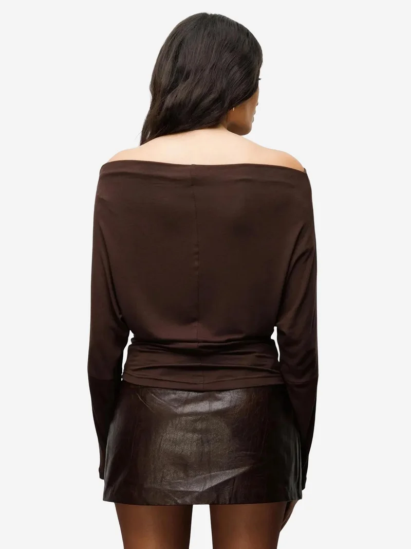 Mixray Coffee Brown MIXRAY Asymmetrical Collar Slim Fit Crop Blouse with Cut Out for Women | Best Price UAE
