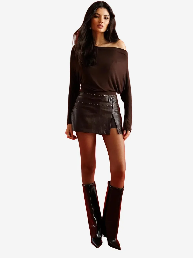 Mixray Coffee Brown MIXRAY Asymmetrical Collar Slim Fit Crop Blouse with Cut Out for Women | Best Price UAE