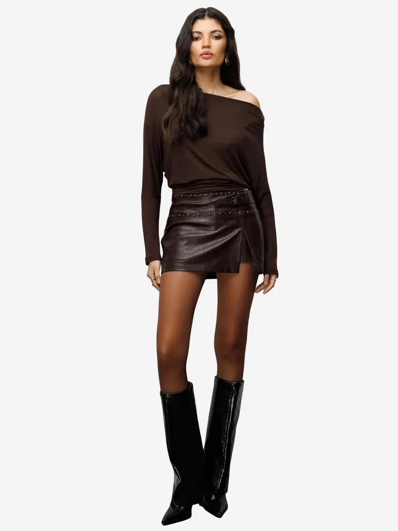 Mixray Coffee Brown MIXRAY Asymmetrical Collar Slim Fit Crop Blouse with Cut Out for Women | Best Price UAE