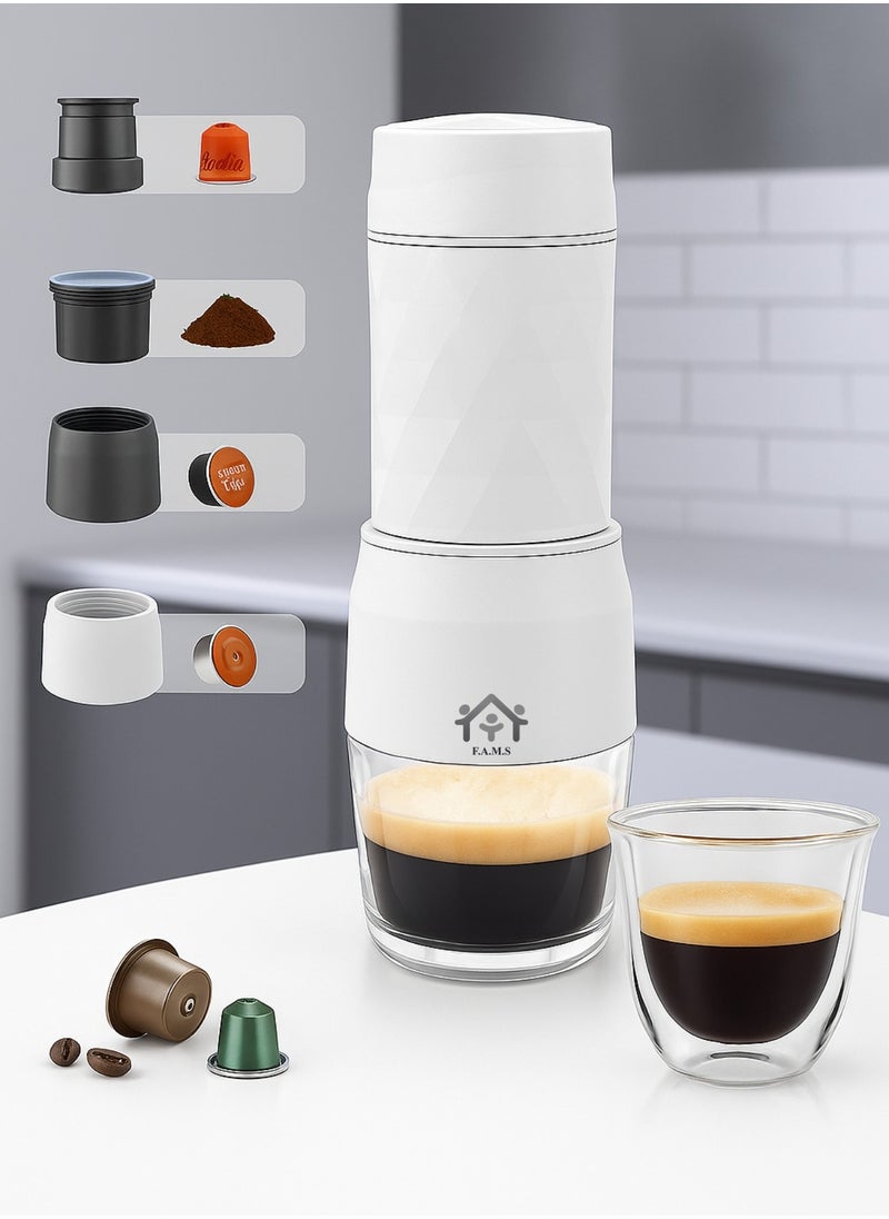 F.A.M.S Portable Espresso Maker 3-in-1 – Compatible with Coffee Powder, Nespresso® & Dolce Gusto® Capsules – Manual Hand Press Coffee Machine with Full Accessory Set – No Battery or Electricity Needed (White)  - Image 1