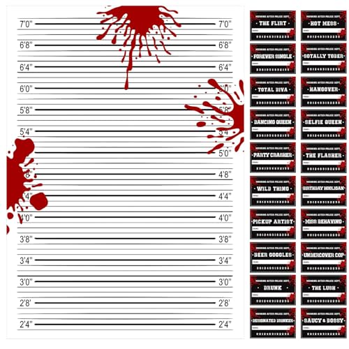 Hahafelt 20 Pack Mugshot Signs with Height Chart 59 x 36 ft Bloody Backdrop for Party Decorations Crime Scene Jail Party Birthday Event Decorations Bachelorette Photo Props - Image 1