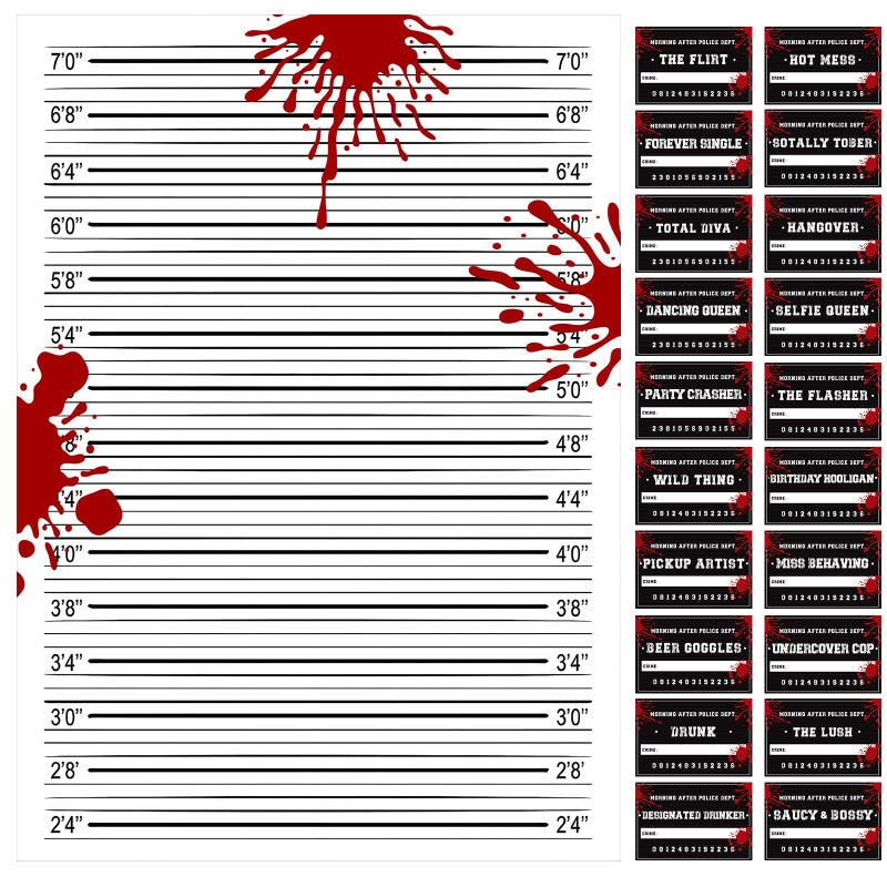 Hahafelt 20 Pack Mugshot Signs with Height Chart 59 x 36 ft Bloody Backdrop for Party Decorations Crime Scene Jail Party Birthday Event Decorations Bachelorette Photo Props - Image 2