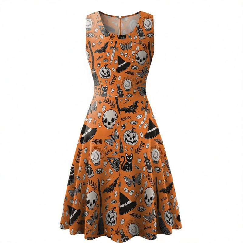 Women's Sleeveless Pumpkin Skull Digital Print Dress Halloween Costume - Image 2