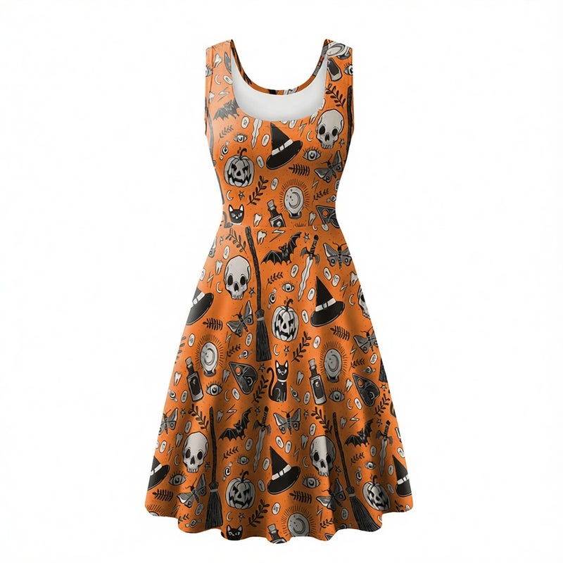 Women's Sleeveless Pumpkin Skull Digital Print Dress Halloween Costume - Image 1