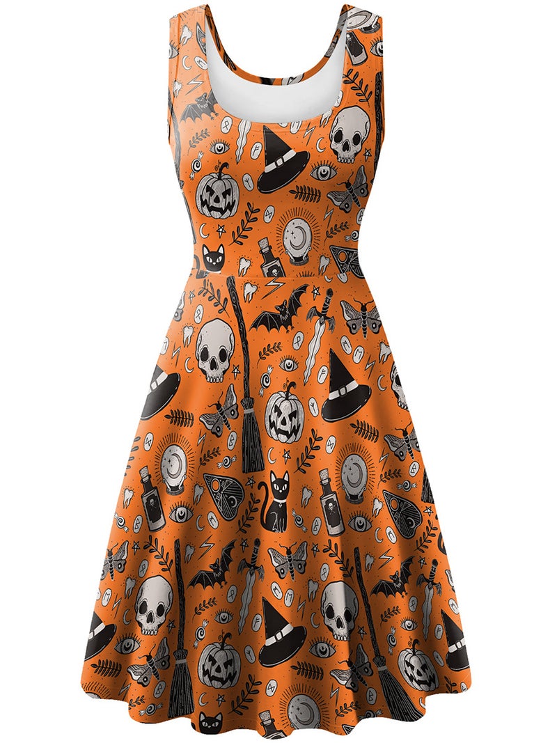 Women's Sleeveless Pumpkin Skull Digital Print Dress Halloween Costume - Image 3