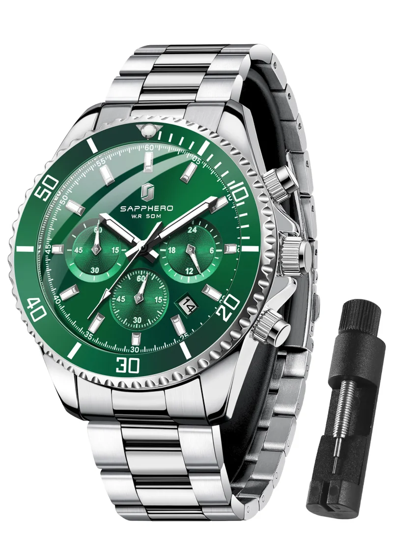 SAPPHERO Mens Watches Analog Quartz Chronograph Stainless Steel Watches for Men 50M Waterproof Men's Wrist Watches with Calendar Luxury Business Work Casual Watch Elegant Gifts for Men