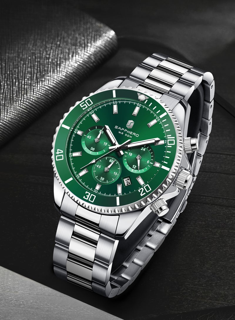 SAPPHERO Mens Watches Analog Quartz Chronograph Stainless Steel Watches for Men 50M Waterproof Men's Wrist Watches with Calendar Luxury Business Work Casual Watch Elegant Gifts for Men - Image 2