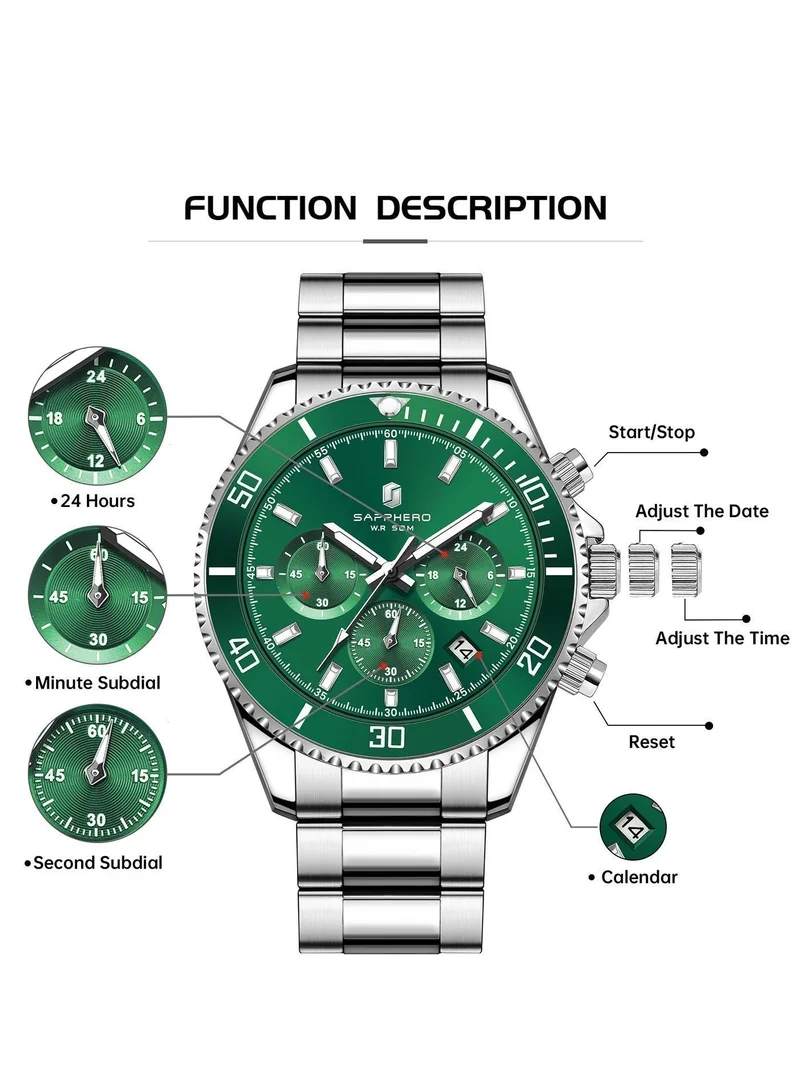 Sapphero 200 g SAPPHERO Mens Watches Analog Quartz Chronograph Stainless Steel Watches for Men 50M Waterproof Men's Wrist Watches with Calendar Luxury Business Work Casual Watch Elegant Gifts for Men for Men | Best Price UAE