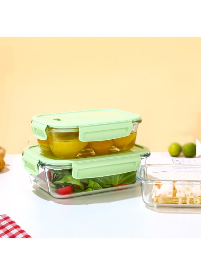 Refrigerator Special Glass Lunch Box Microwave Oven Products Household Kitchen Crisper Food Grade Lunch Box Student Lunch Box-Specifications:Matcha Green (young And Fresh)-Color:(Two Separate) Rectangular 1040ml + Bear Meal Bag  - Image 1