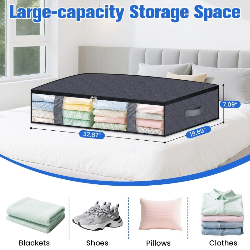 TasticTotes Under Bed Storage Containers, 4 Pack Blanket Storage Bags, Collapsible Storage Bags with Big Zippers, Clear Front, Shoe Storage and Organization for Clothes, Comforter, 75L, Grey - Image 2