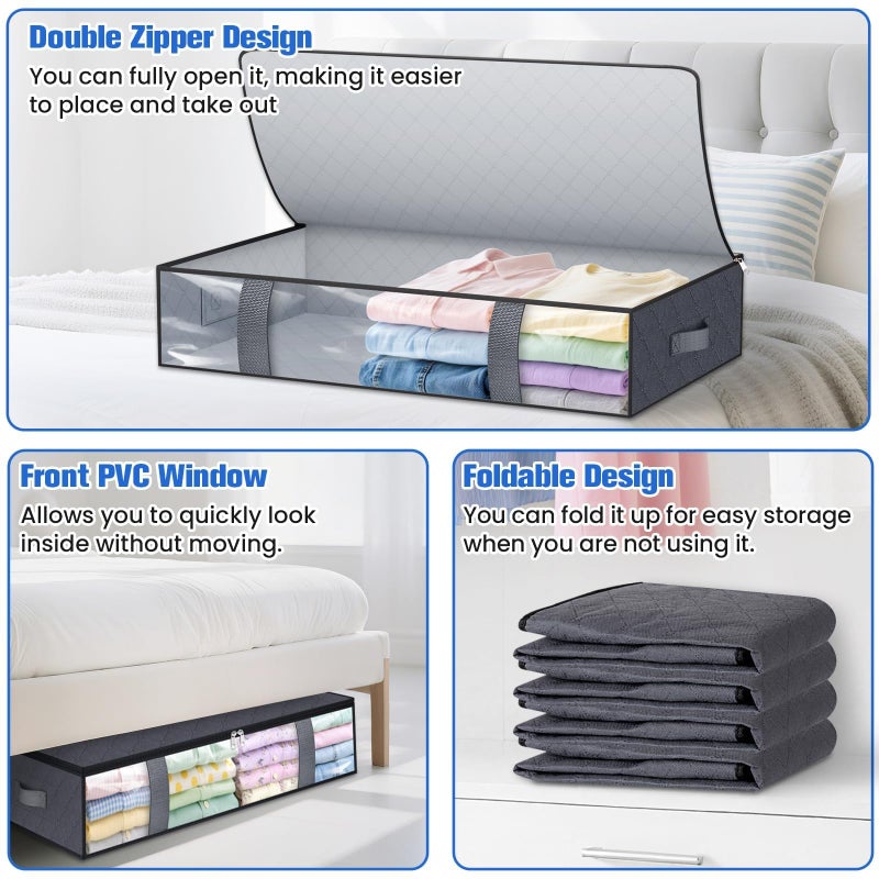 TasticTotes Under Bed Storage Containers, 4 Pack Blanket Storage Bags, Collapsible Storage Bags with Big Zippers, Clear Front, Shoe Storage and Organization for Clothes, Comforter, 75L, Grey - Image 4